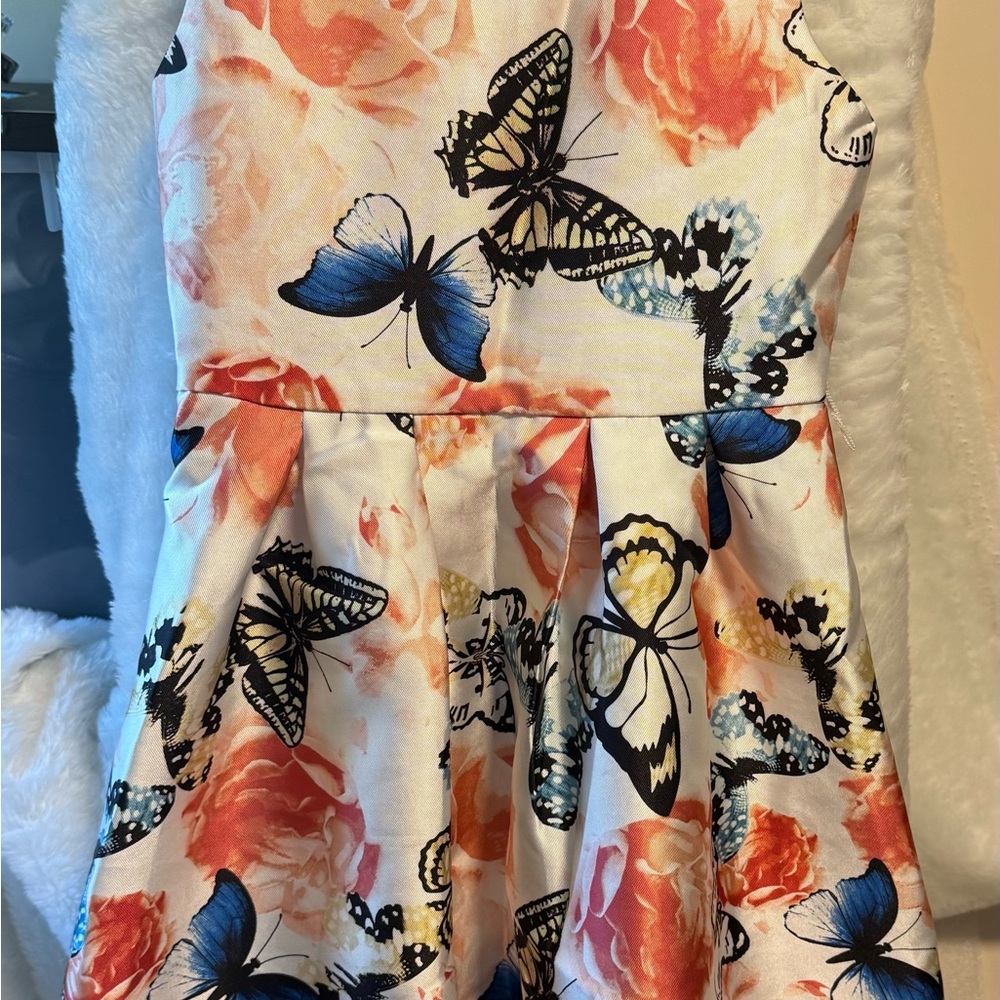 Butterfly and Floral Print Girls High -Low Dress